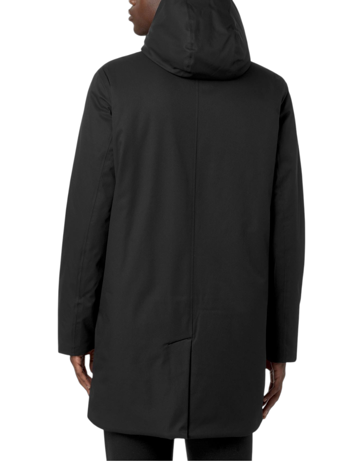 Vista posteriore della giacca DevidLabel K-Way Jarno Twill nera impermeabile con cappuccio e imbottitura PrimaLoft