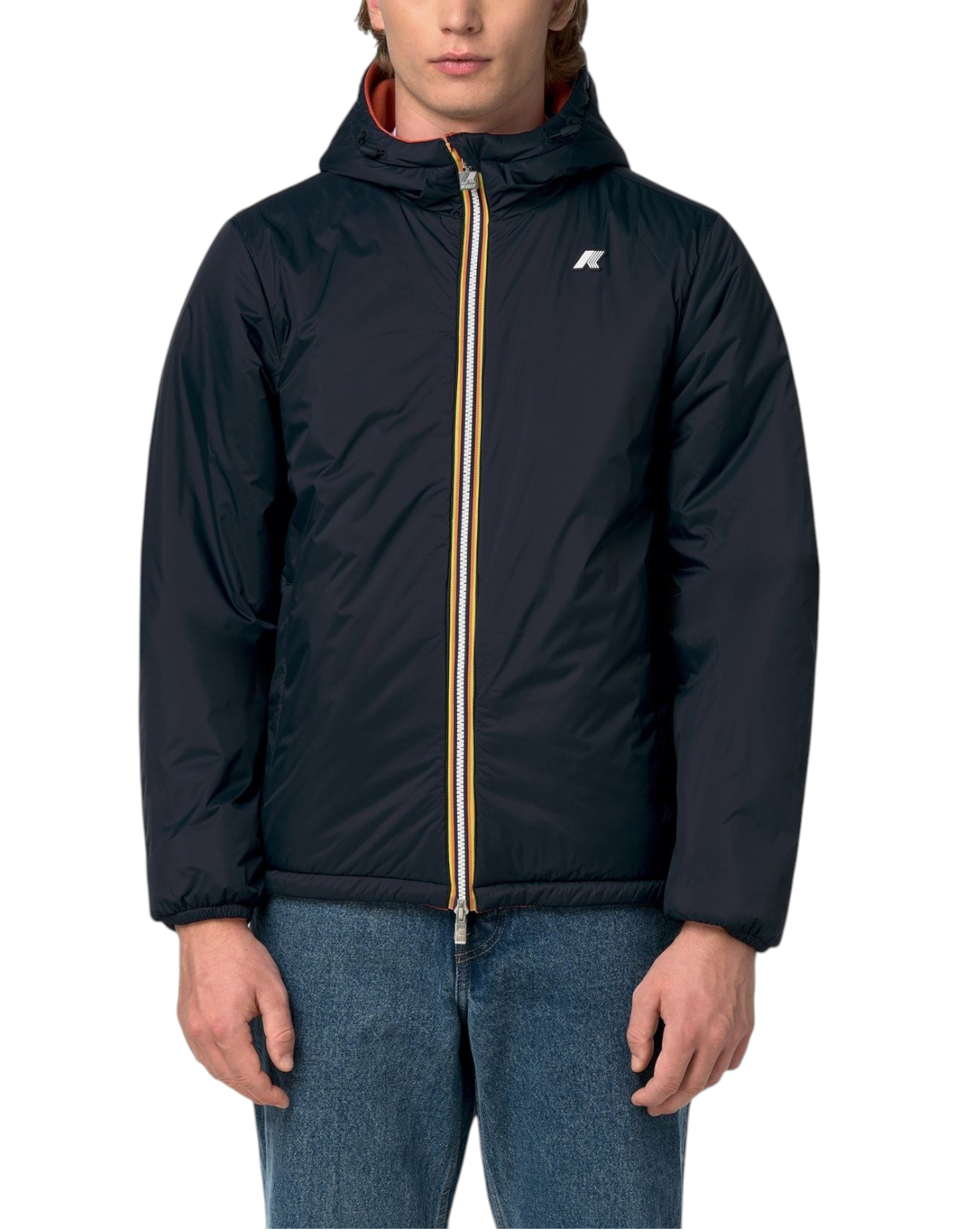 Giacca reversibile K-Way Jack Spacer Nylon Double di DevidLabel in blu e arancione, indossata da un modello.