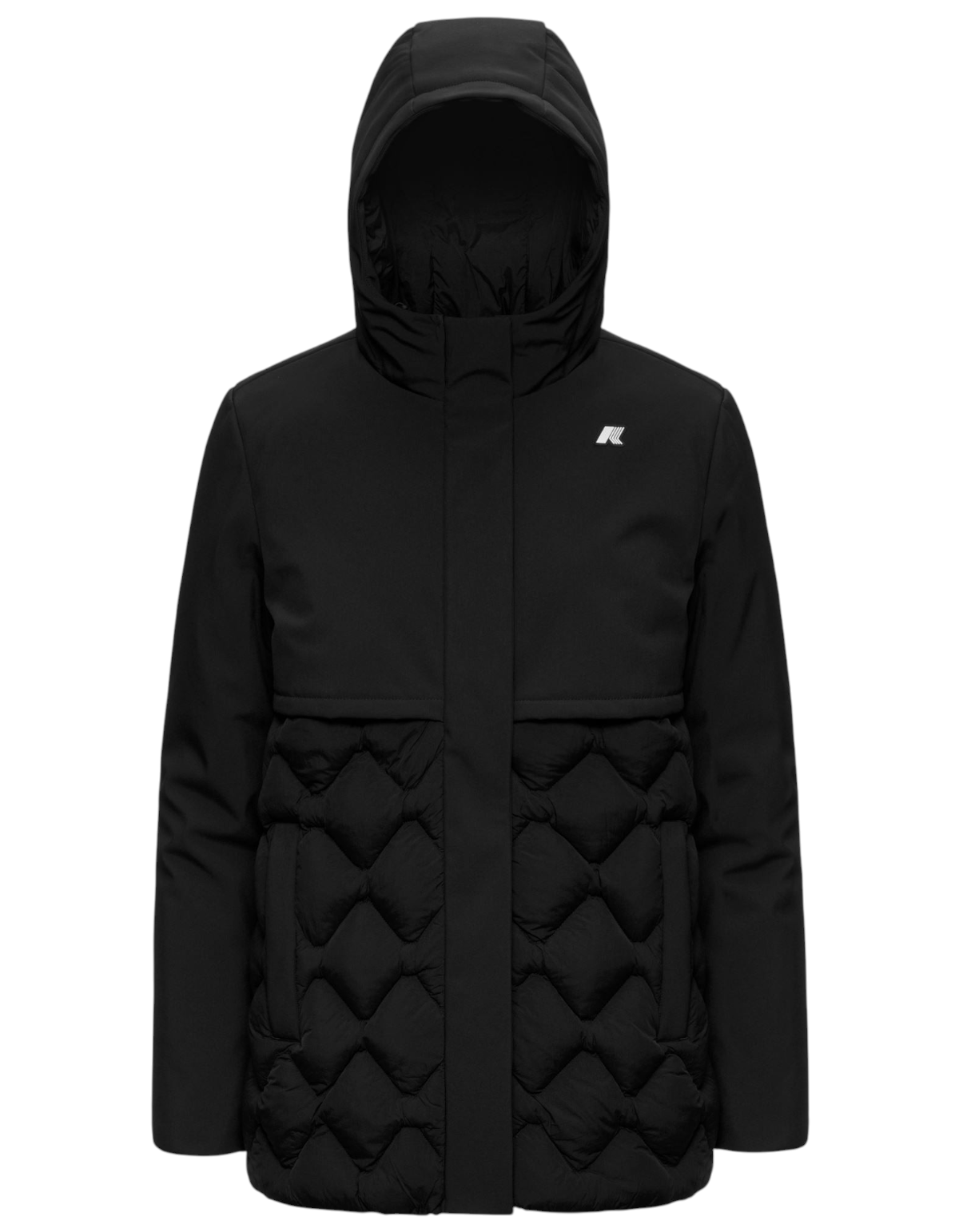 Giacca donna DevidLabel K-Way Siphane Hybrid Warm Shell nera con cappuccio e design trapuntato tecnico