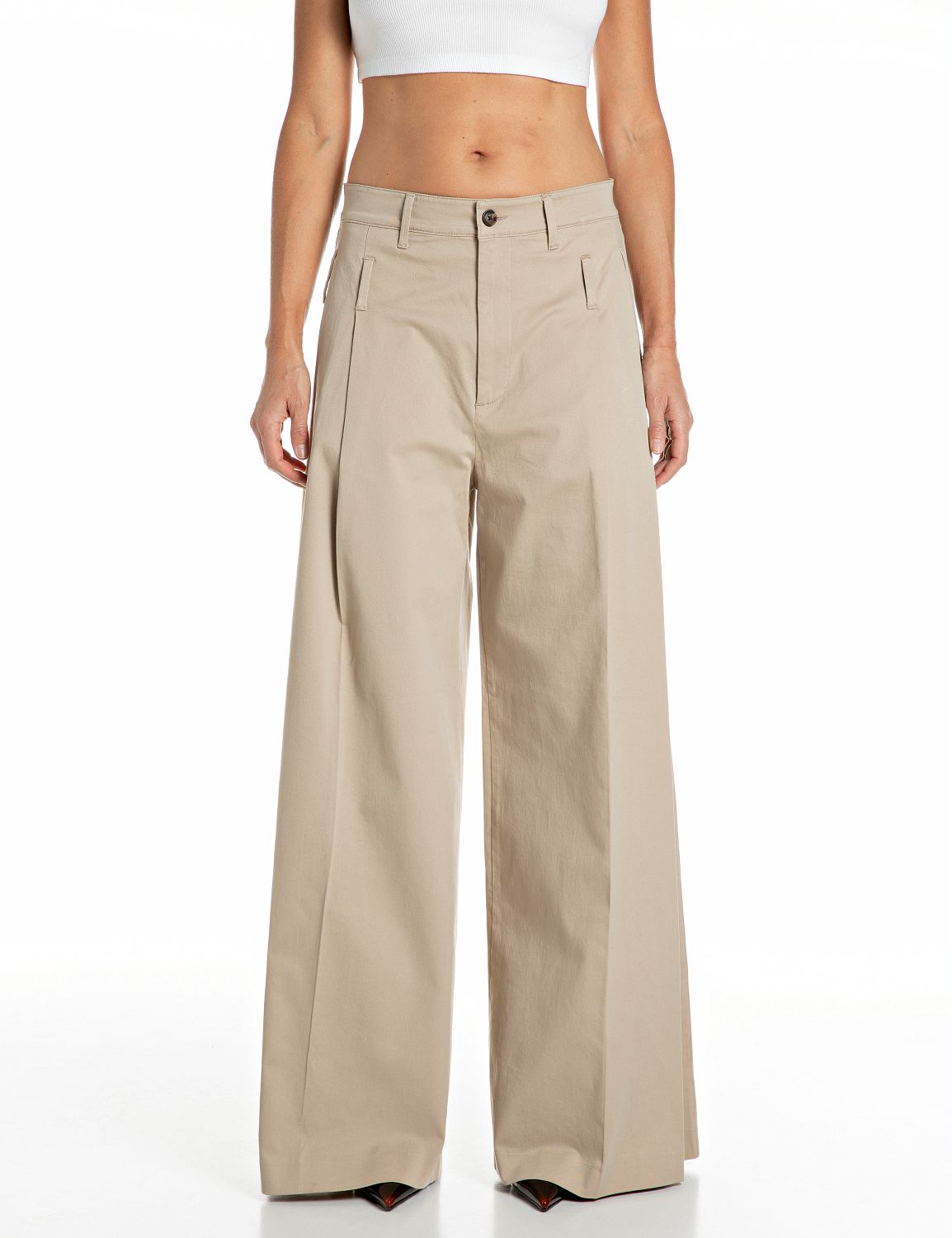 Pantaloni Wide Leg in Twill Desert - vista F