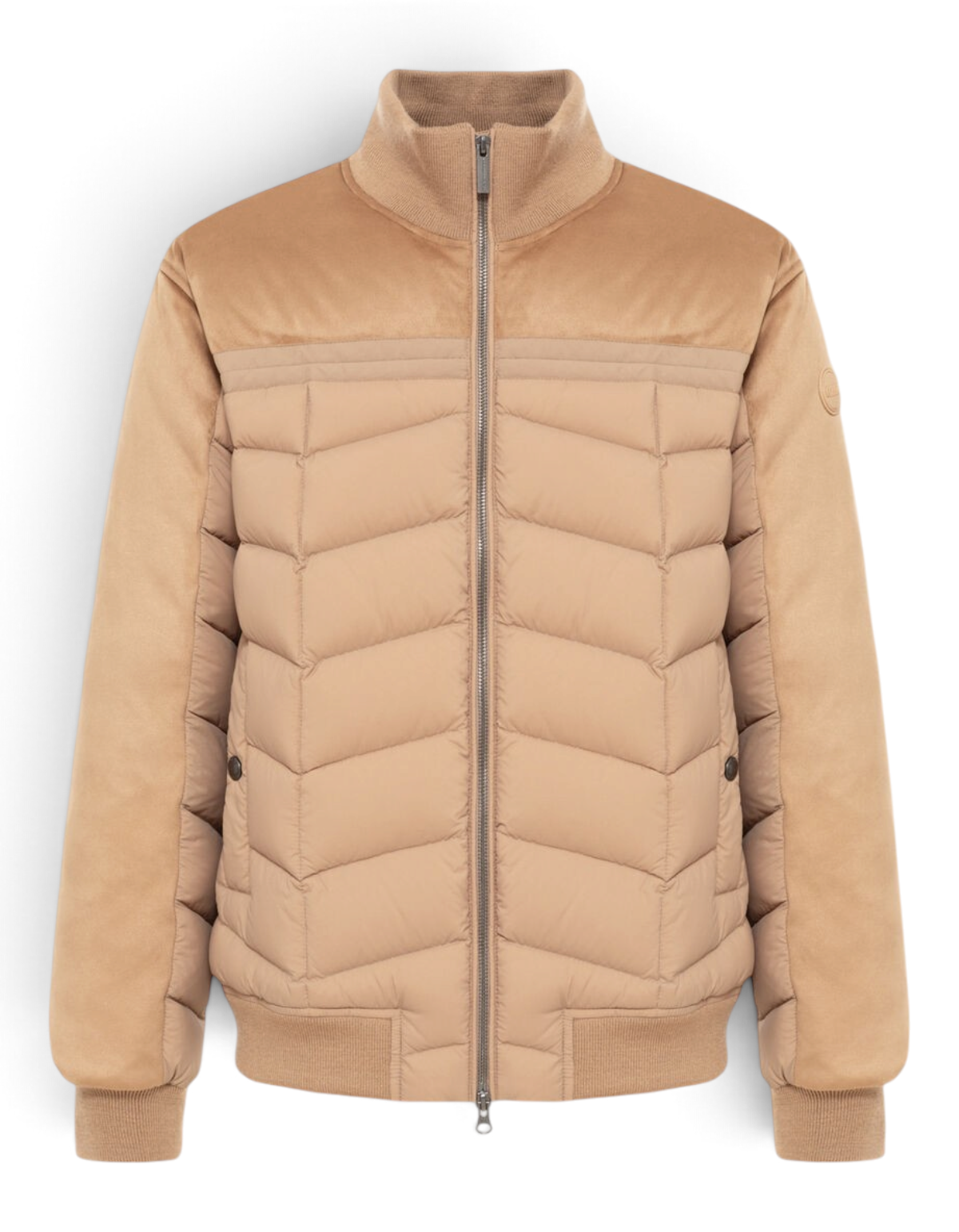 Colmar Originals Bomber in piuma con dettagli suede beige Marrakech, indossato, vista frontale