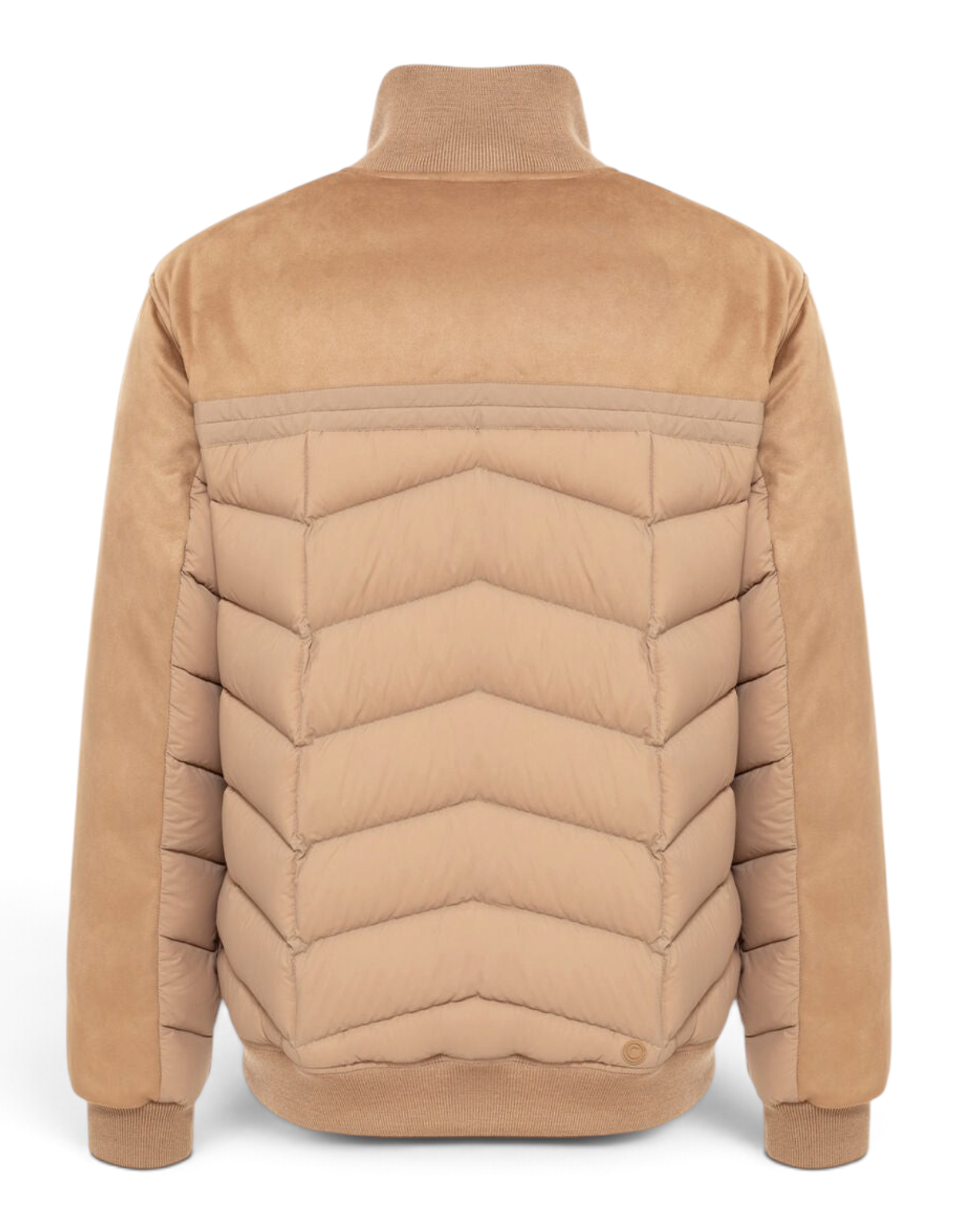 Colmar Originals Bomber in piuma con dettagli suede beige Marrakech, indossato, vista laterale