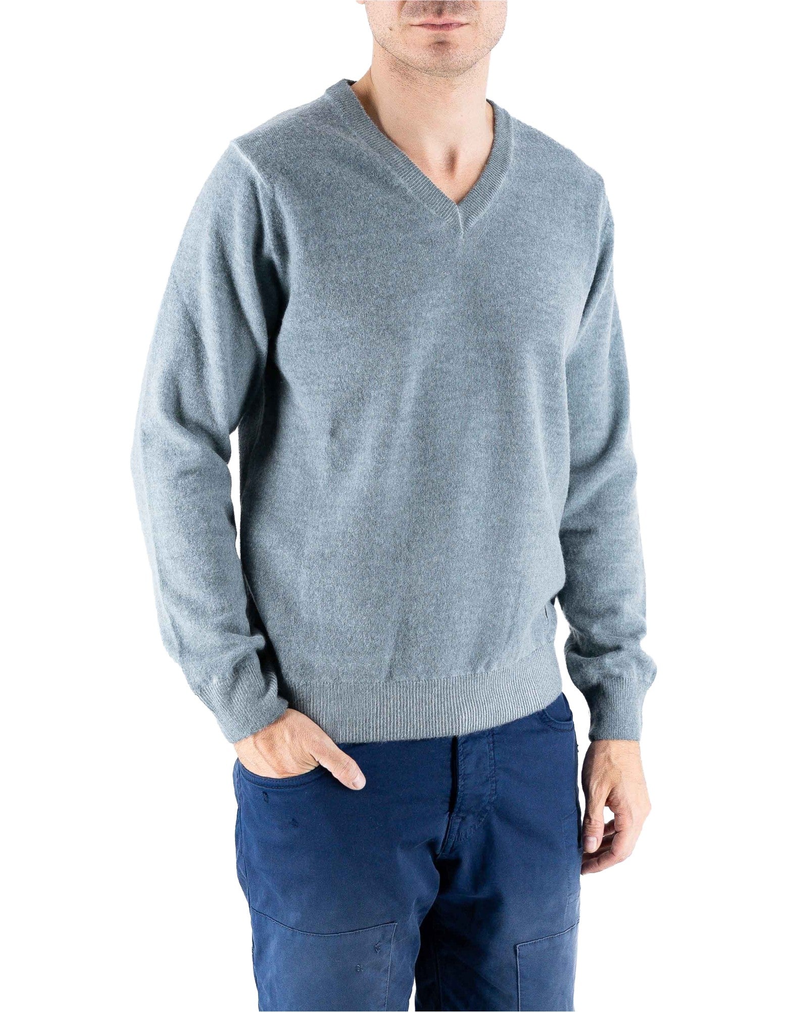 Devid Label Helsinki - Maglia Scollo V - Lana Cashmere, Blu – dettaglio prodotto 4 – Master SKU DL_DL011_22817_GRIGIO_BLU