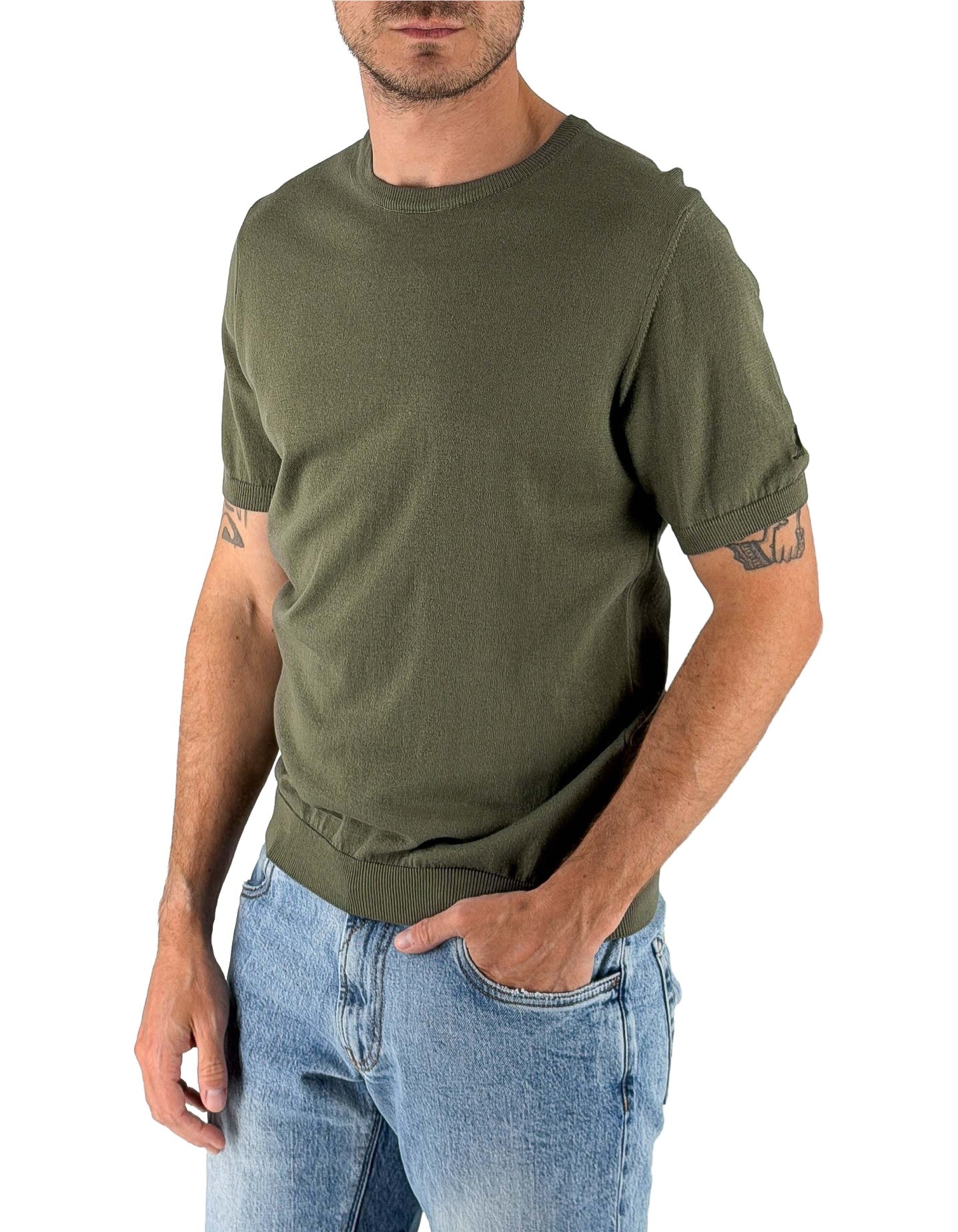 Devid Label Monterosso - Maglia Girocollo Manica Corta - Cotone Premium, Verde Militare – vista principale – Master SKU DL_MONTEROSSO MT25100 MILITARE