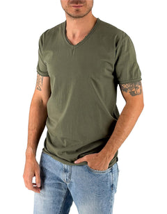 Devid Label Mosca - T-shirt Scollo V - Taglio Vivo, Verde Militare – vista principale – Master SKU DL_MOSCA VERDE MILITARE