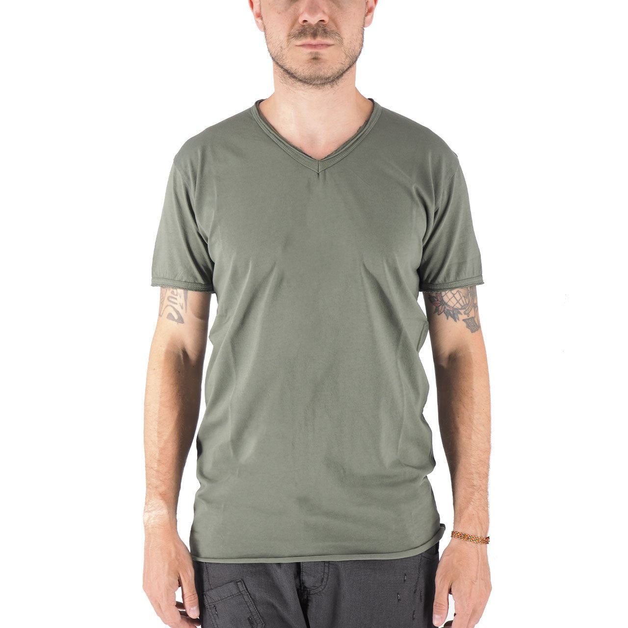 Devid Label Mosca - T-shirt Scollo V - Taglio Vivo, Verde Militare – dettaglio prodotto 4 – Master SKU DL_MOSCA VERDE MILITARE