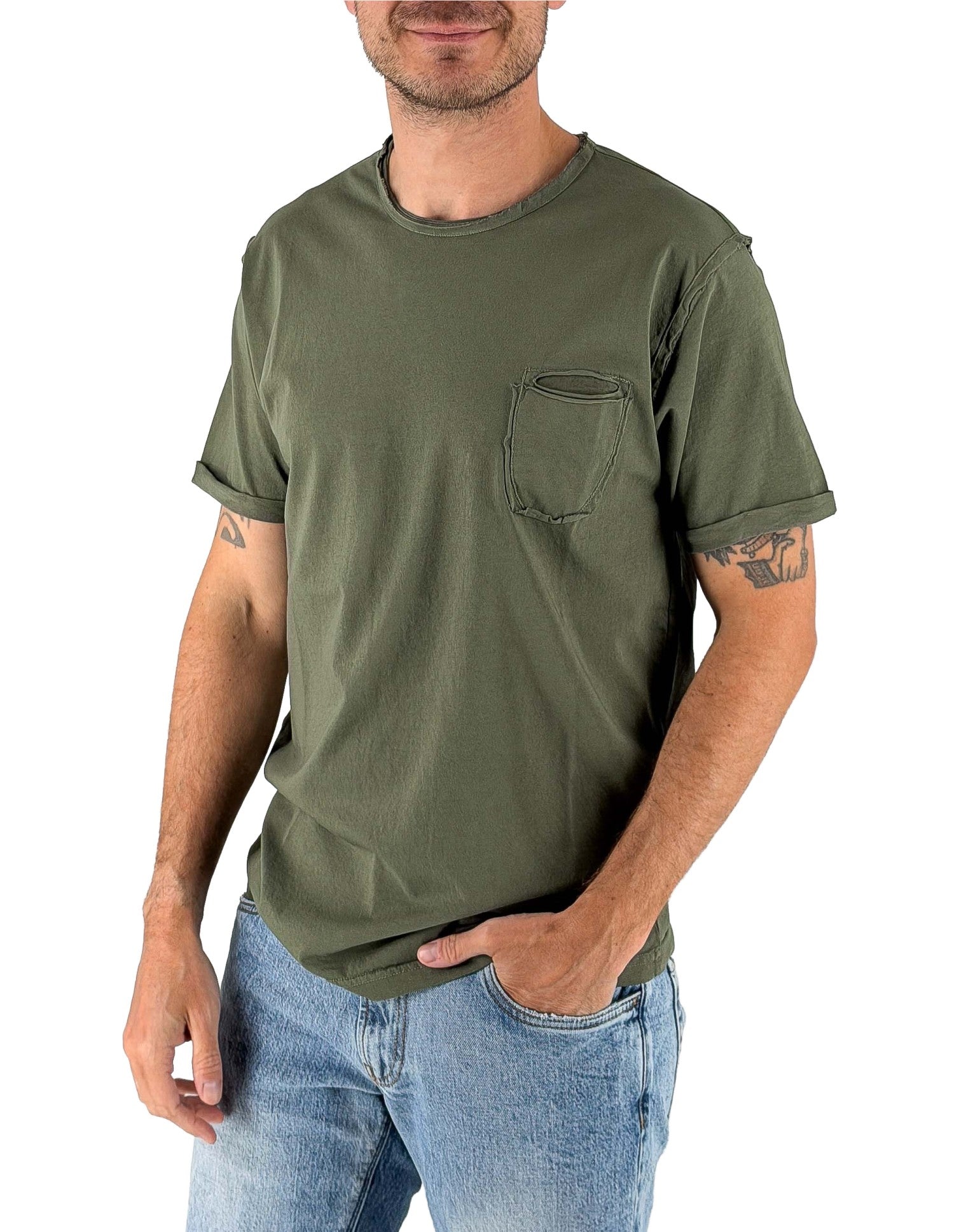 Devid Label Shiro - T-shirt Girocollo con Taschino - Essential, Verde Militare – vista principale – Master SKU DL_SHIRO VERDE MILITARE