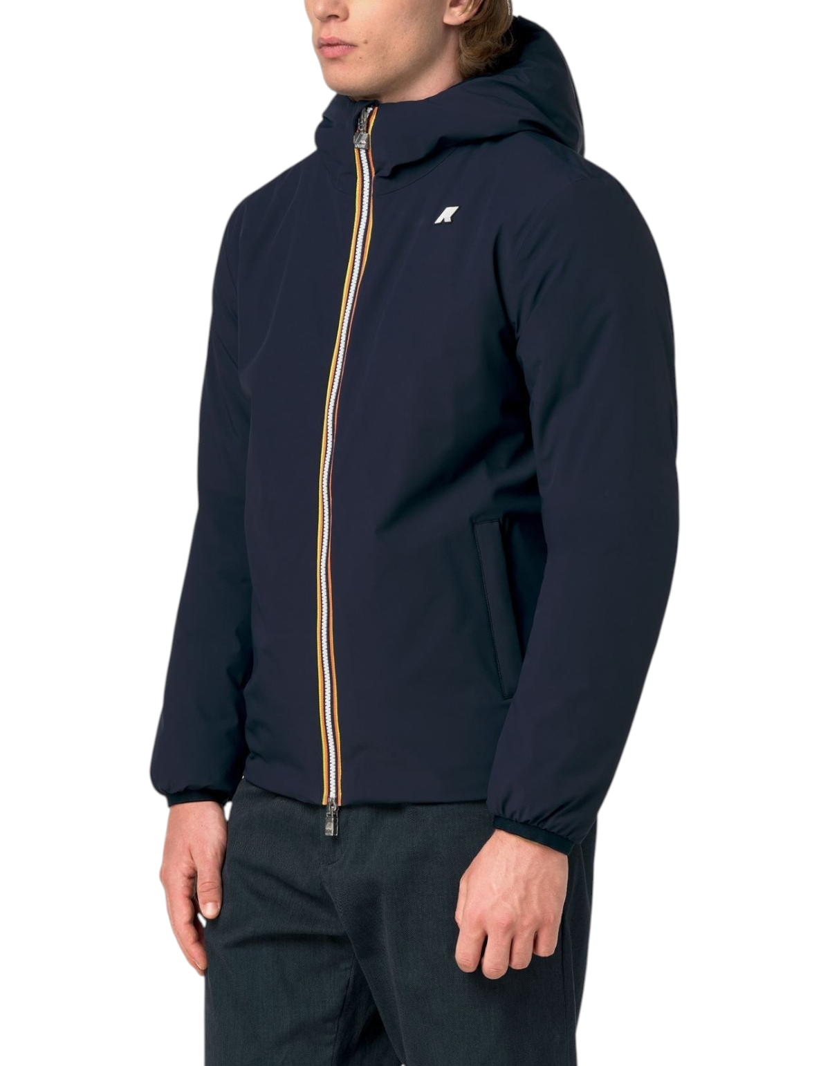 Giacca K-Way Jack ST Warm Double DevidLabel blu scuro con cappuccio e iconica zip multicolore indossata da uomo