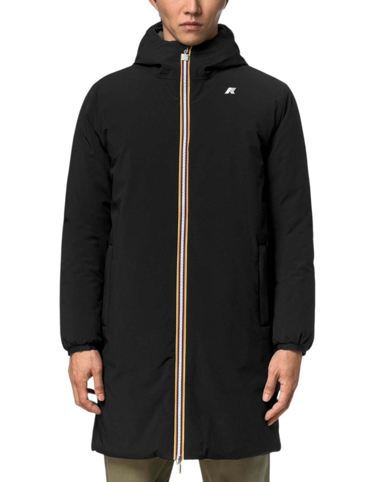 Giacca K-Way Jacob ST Warm Double nera indossata da un uomo, design tecnico con zip frontale iconica DevidLabel