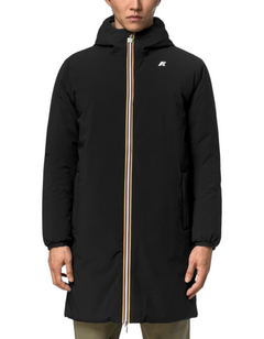 Giacca K-Way Jacob ST Warm Double nera indossata da un uomo, design tecnico con zip frontale iconica DevidLabel