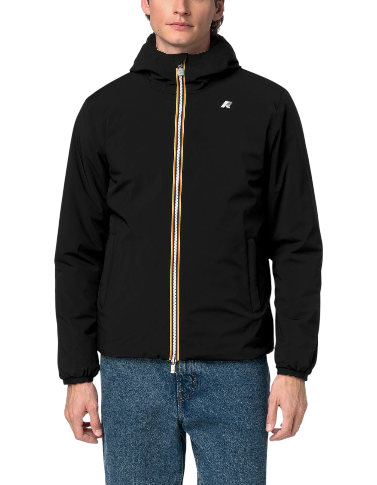 Giacca K-Way Jack ST Warm Double nera con zip iconica multicolore indossata da un uomo, proposta da DevidLabel