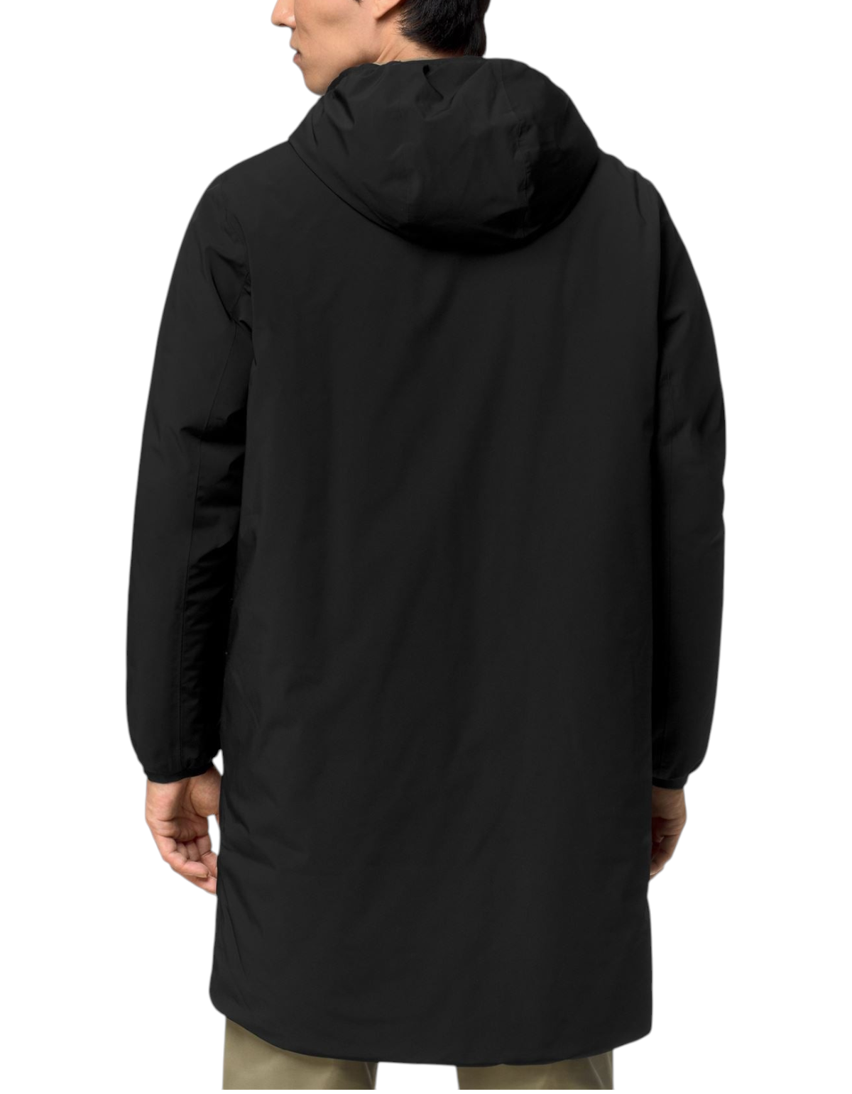 Vista posteriore della giacca K-Way Jacob ST Warm Double nera indossata da un uomo, design tecnico con cappuccio
