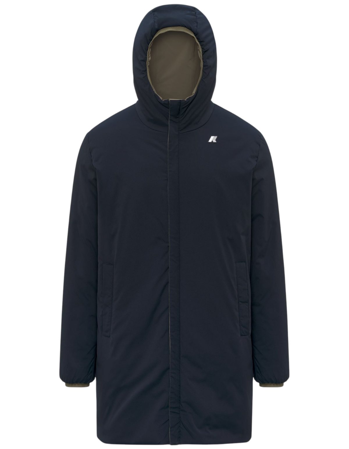 Giacca K-Way Jacob ST Warm Double DevidLabel reversibile blu e verde militare con cappuccio e logo frontale