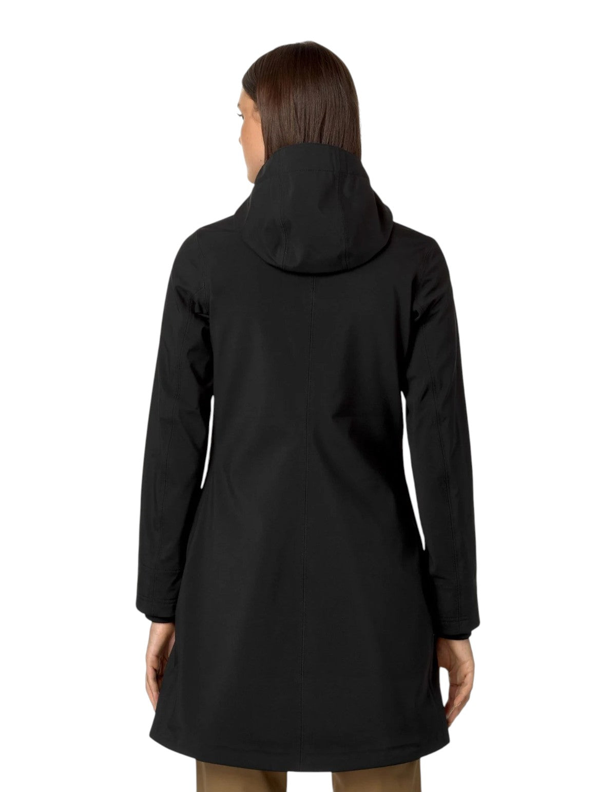 Vista posteriore della giacca DevidLabel K-Way Stephy Bonded nera con cappuccio, design tecnico e vestibilità urbana