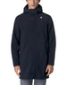 Giacca K-Way Thomas Bonded blu scuro indossata da un uomo, design tecnico con cappuccio, proposta da DevidLabel