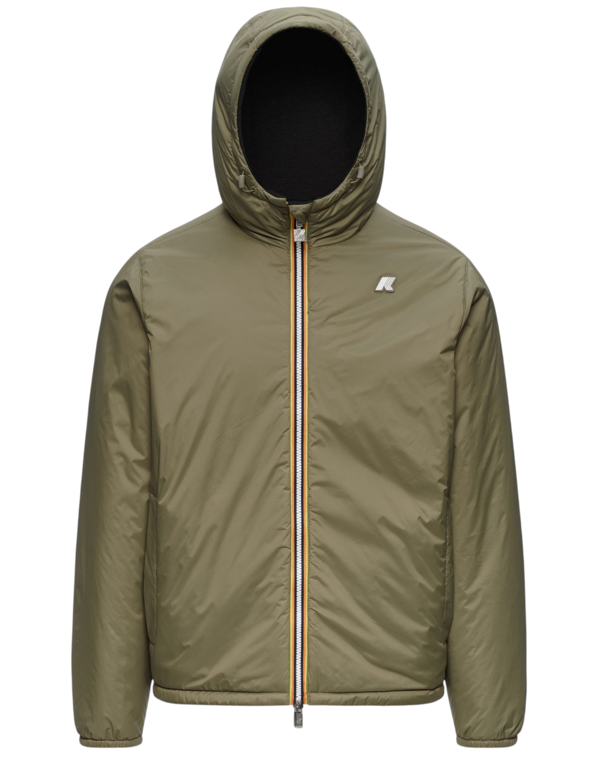 Giacca K-Way Jack Spacer Nylon Double reversibile color verde militare con cappuccio e zip frontale DevidLabel