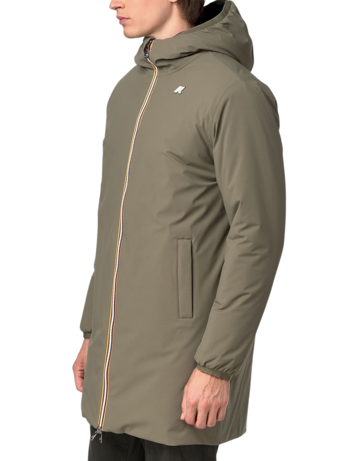 Giacca K-Way Jacob ST Warm Double di DevidLabel in verde militare con zip iconica e cappuccio, vista laterale uomo