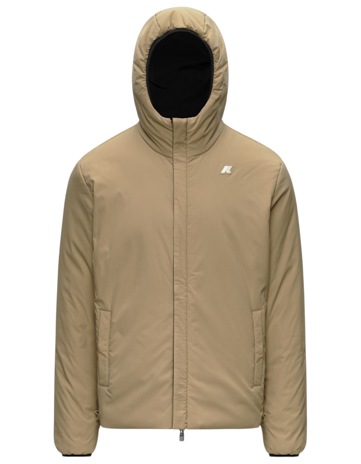 Giacca reversibile K-Way Jack ST Warm Double color beige khaki e nero con cappuccio, proposta da DevidLabel