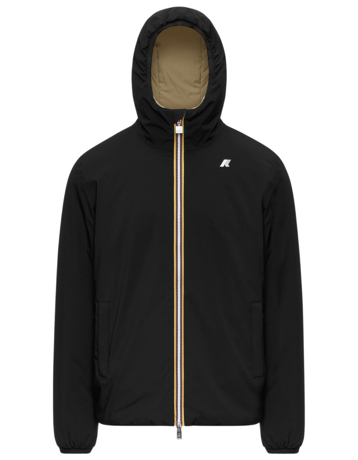 Giacca reversibile K-Way Jack ST Warm Double DevidLabel in nero e beige khaki con cappuccio e zip frontale