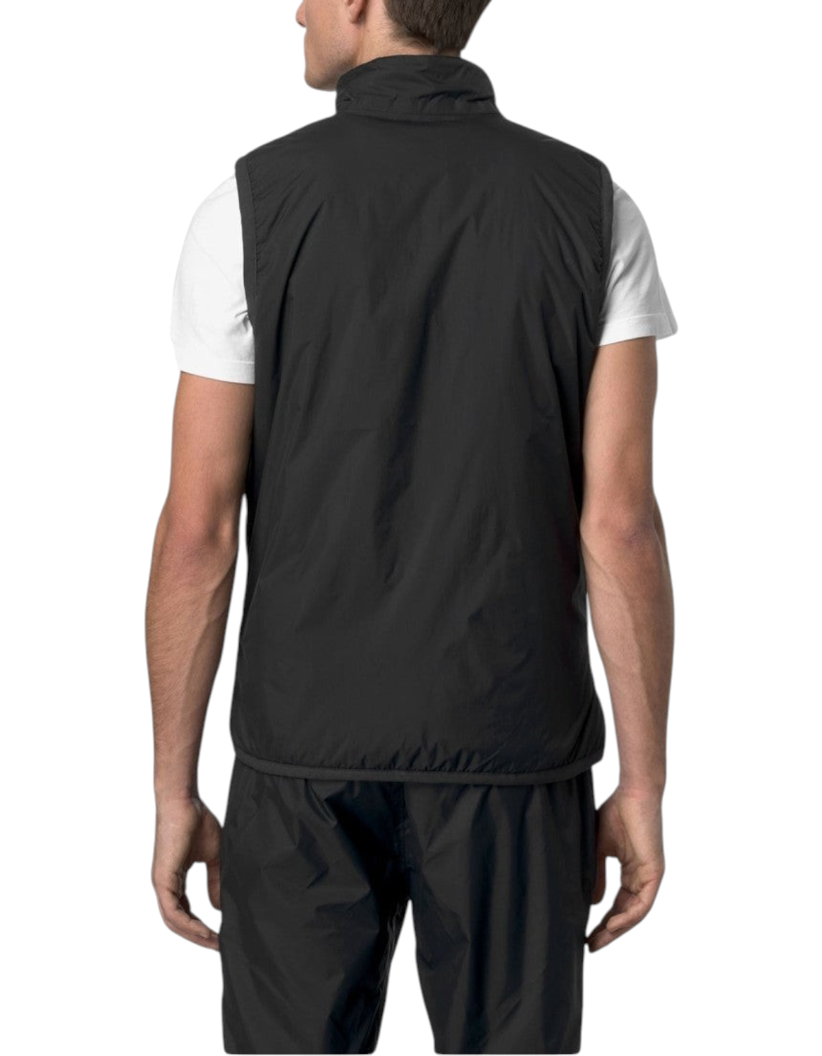 Vista posteriore del gilet DevidLabel K-Way Le Vrai 4.0 Rouland Warm nero indossato su una t-shirt bianca
