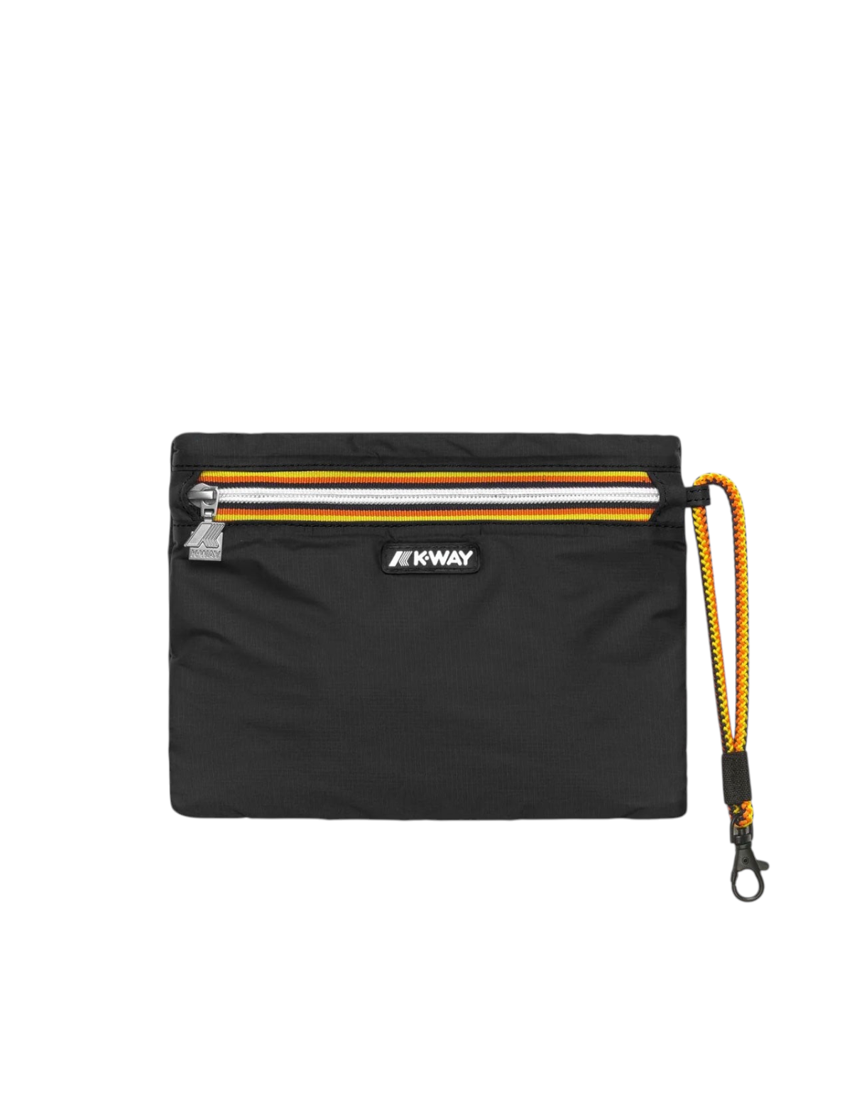 Pochette DevidLabel K-Way Nimes Black Pure in tessuto tecnico nero con zip a righe iconiche e cinturino da polso