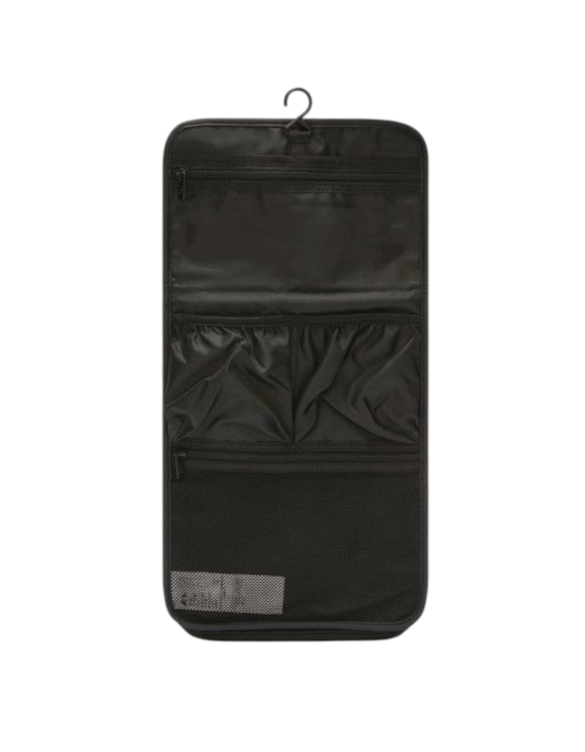 Pochette da viaggio DevidLabel K-Way Reville Black Pure aperta con scomparti organizzativi e gancio superiore