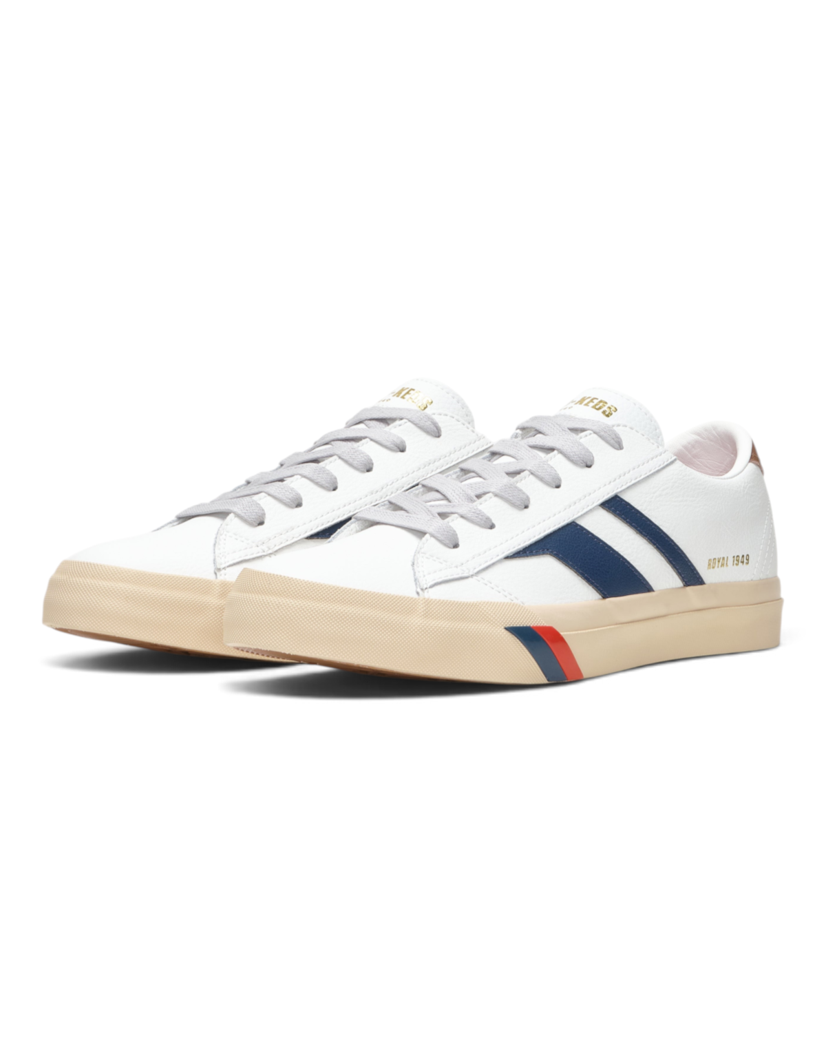 Sneaker uomo DevidLabel Pro-Keds Royal Classic in pelle bianca con dettagli blu e suola in gomma color crema