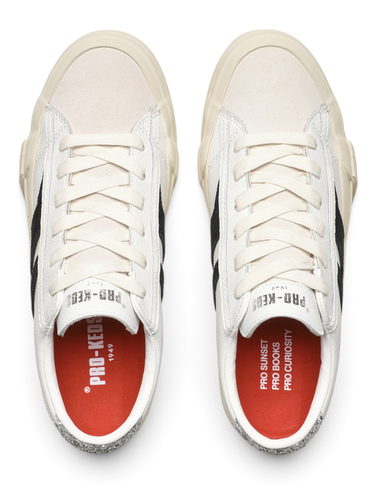 Sneaker donna DevidLabel Pro-Keds Royal Classic bianche e nere in pelle, suede e dettagli glitter con suola in gomma