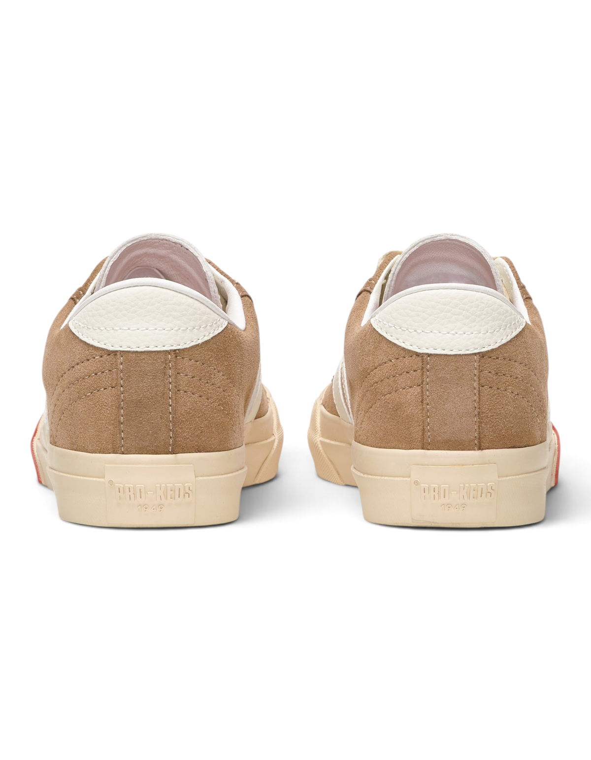 Vista posteriore delle sneaker DevidLabel Pro-Keds Royal Classic in suede color tundra e avorio con suola in gomma