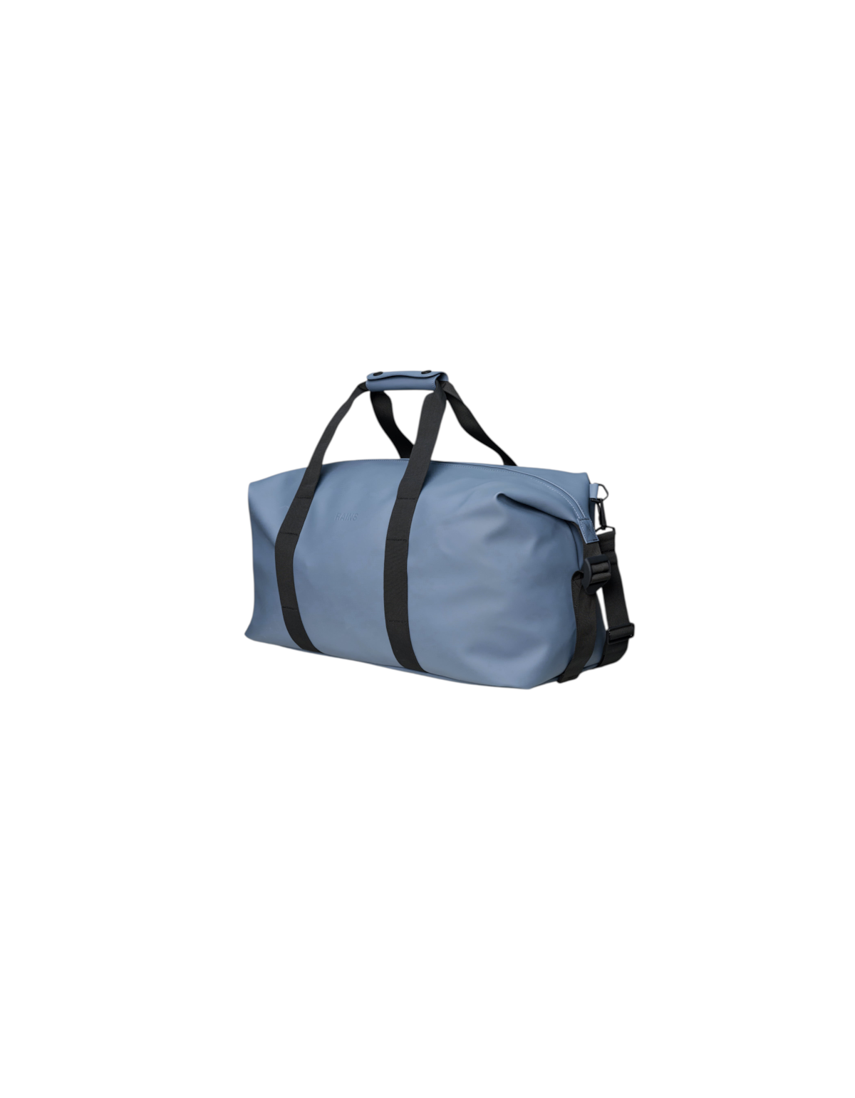 Borsone da viaggio Rains Hilo Weekend Bag colore Blue Dusk in tessuto impermeabile con cinghie nere da DevidLabel