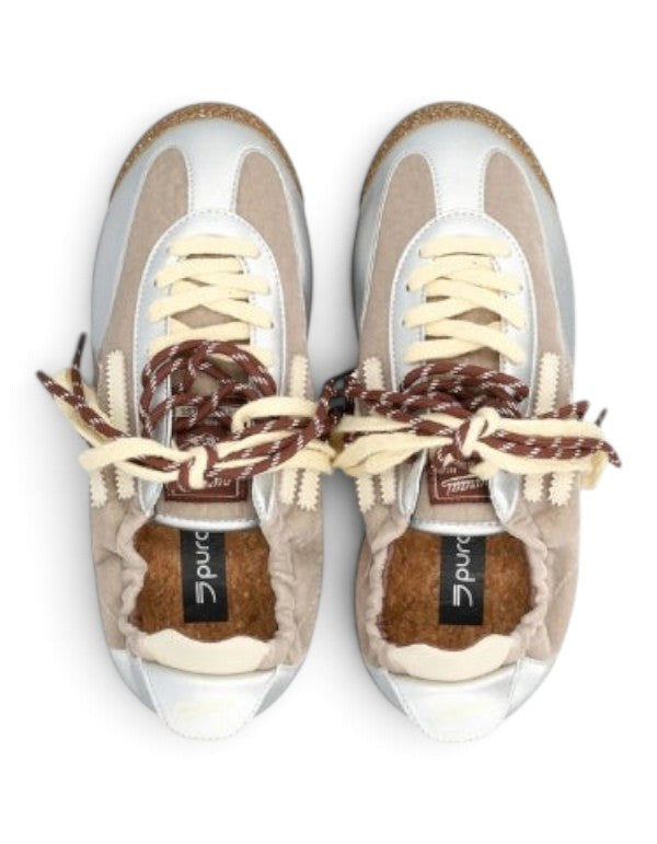 Sneaker donna DevidLabel Puraai 6.02 Panther Radio con tomaia beige e argento e lacci bicolore a contrasto