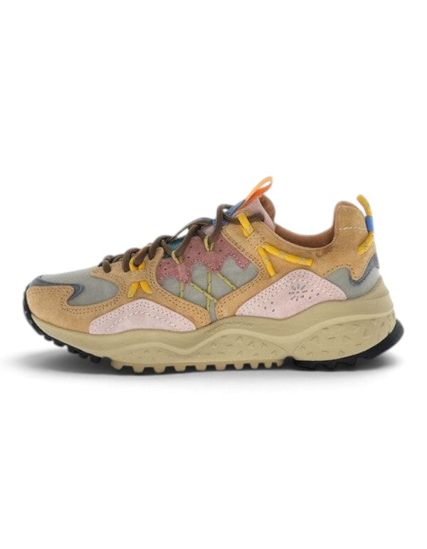 Sneaker da donna DevidLabel Flower Mountain Yamabushi in suede e nylon color cognac, taupe e rosa con suola in gomma