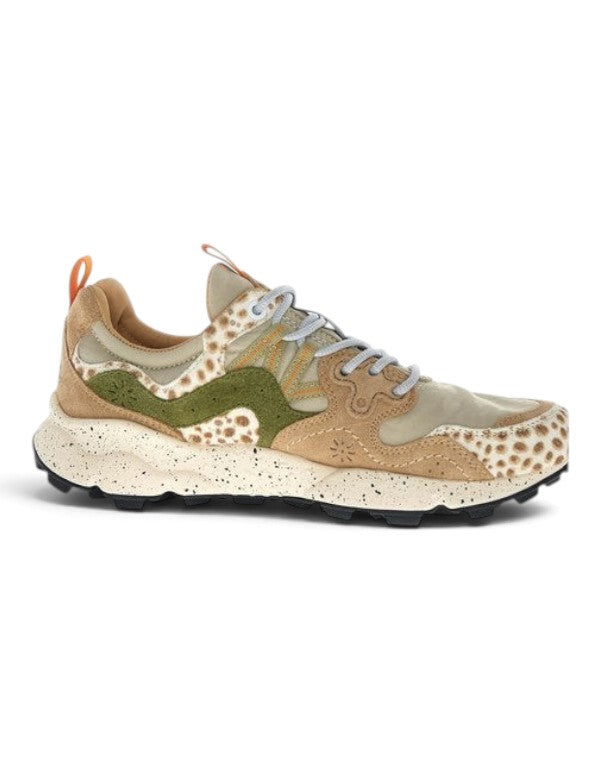 Sneaker DevidLabel Flower Mountain Yamano 3 in beige, cognac e marrone con dettagli in velour e suola maculata