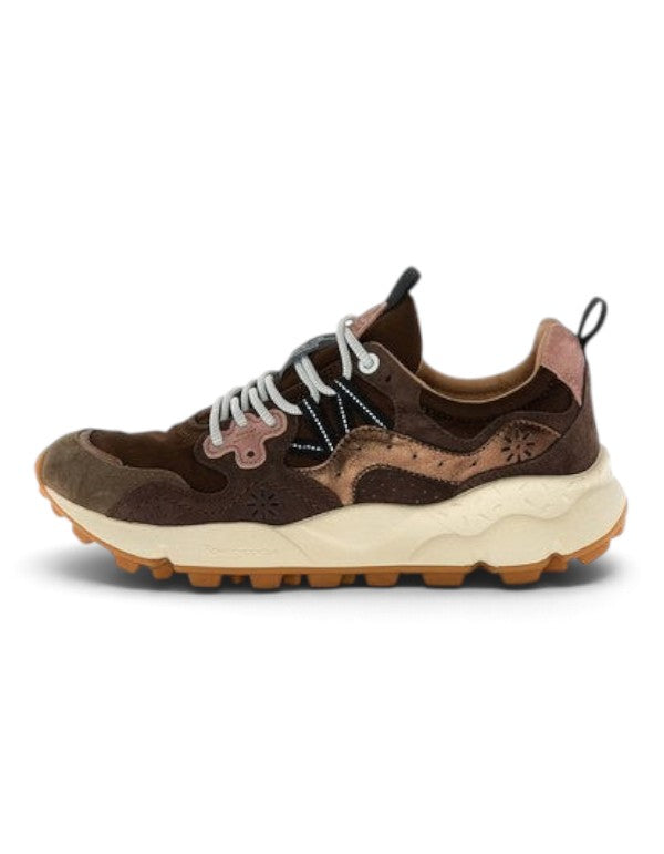 Sneaker DevidLabel Flower Mountain Yamano 3 in suede, nylon e pelle di capra laminata nei toni marrone, bronzo e rosa