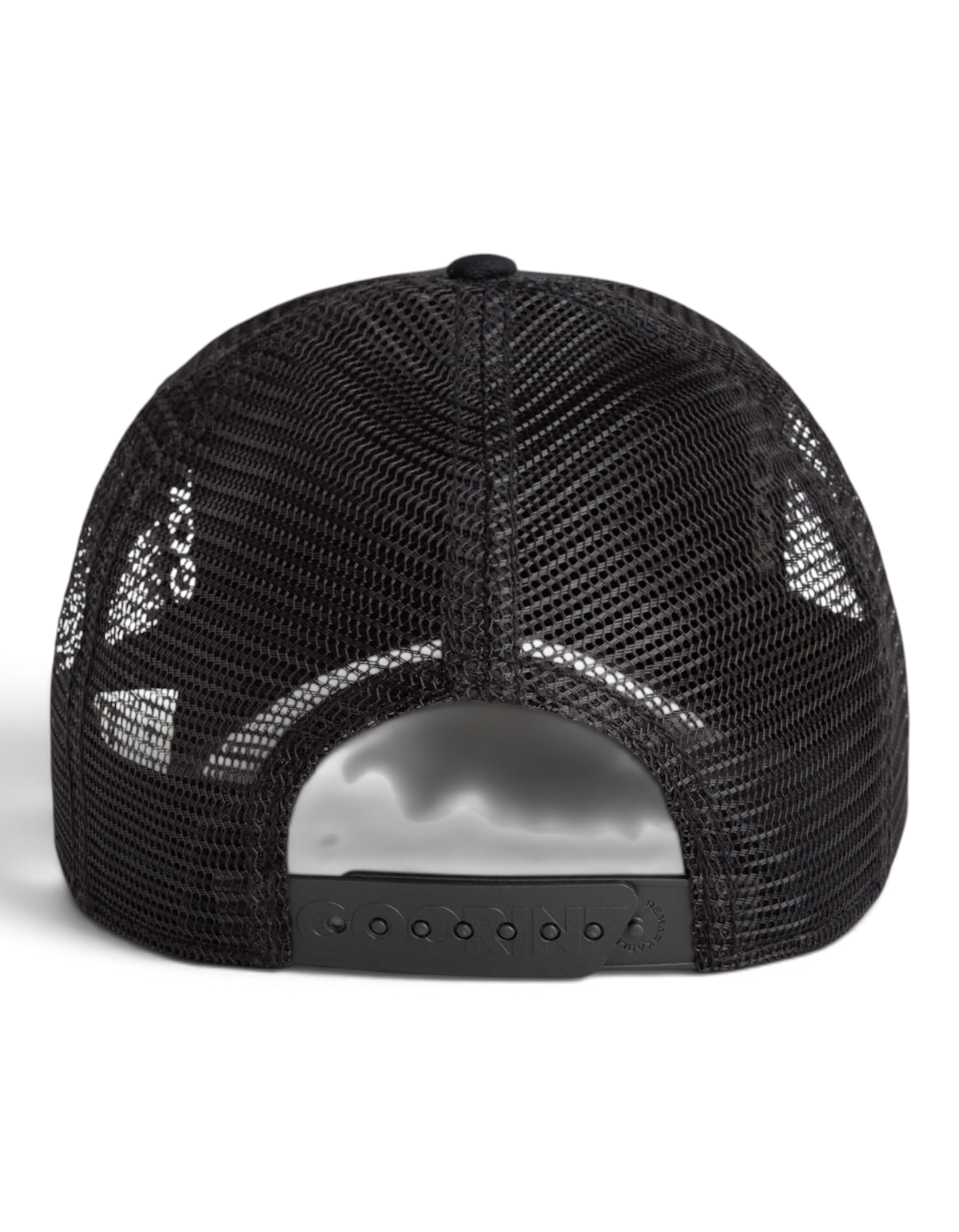 Vista posteriore del cappellino trucker Goorin Bros Panther nero con chiusura a scatto regolabile e rete traspirante