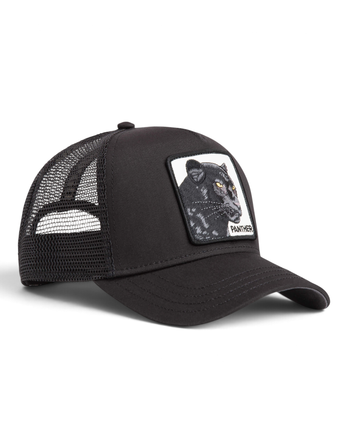 Cappellino trucker DevidLabel Goorin Bros Panther nero con patch ricamata di una pantera e retro in rete traspirante