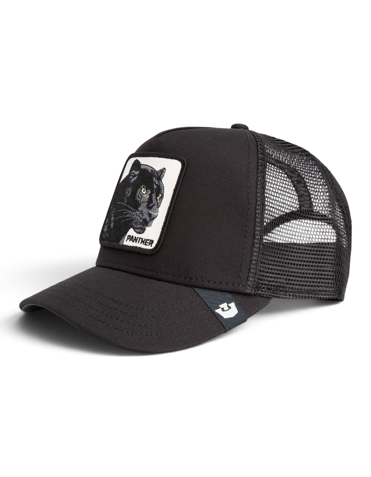 Cappellino trucker DevidLabel Goorin Bros Panther nero con patch frontale ricamata e retro in rete traspirante