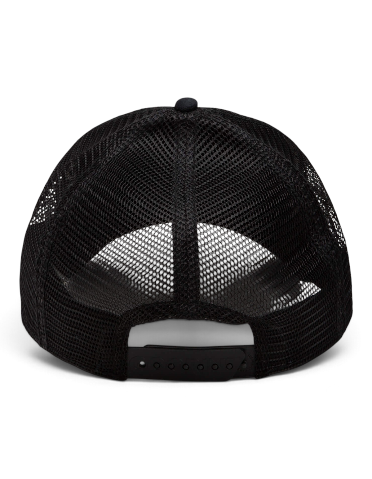Vista posteriore del cappellino DevidLabel Goorin Bros King Trucker in rete nera con chiusura a scatto regolabile