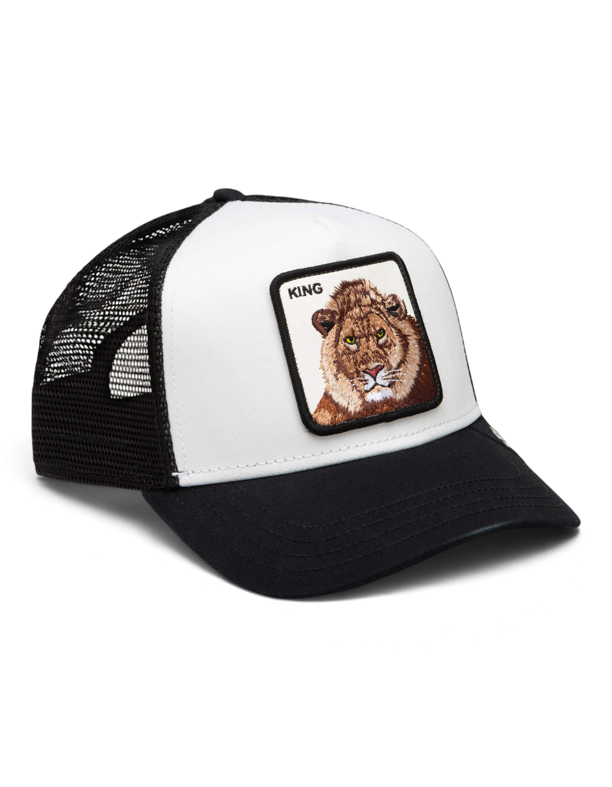 Cappellino trucker DevidLabel Goorin Bros King color dust con patch ricamata di un leone e retro in rete nera