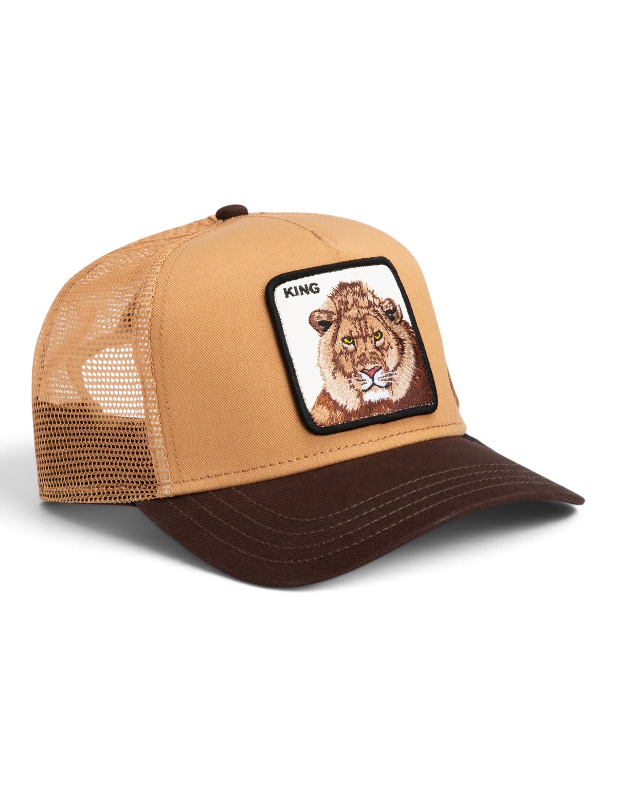 Cappellino trucker DevidLabel Goorin Bros King color Heat con patch leone, visiera marrone e retro in rete
