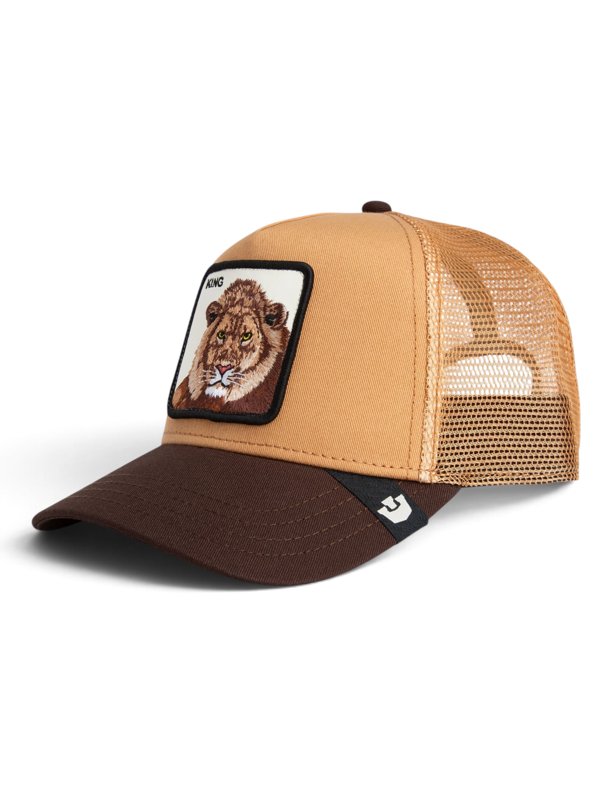 Cappellino trucker DevidLabel Goorin Bros King colorazione Heat con patch leone ricamato e retro in rete traspirante