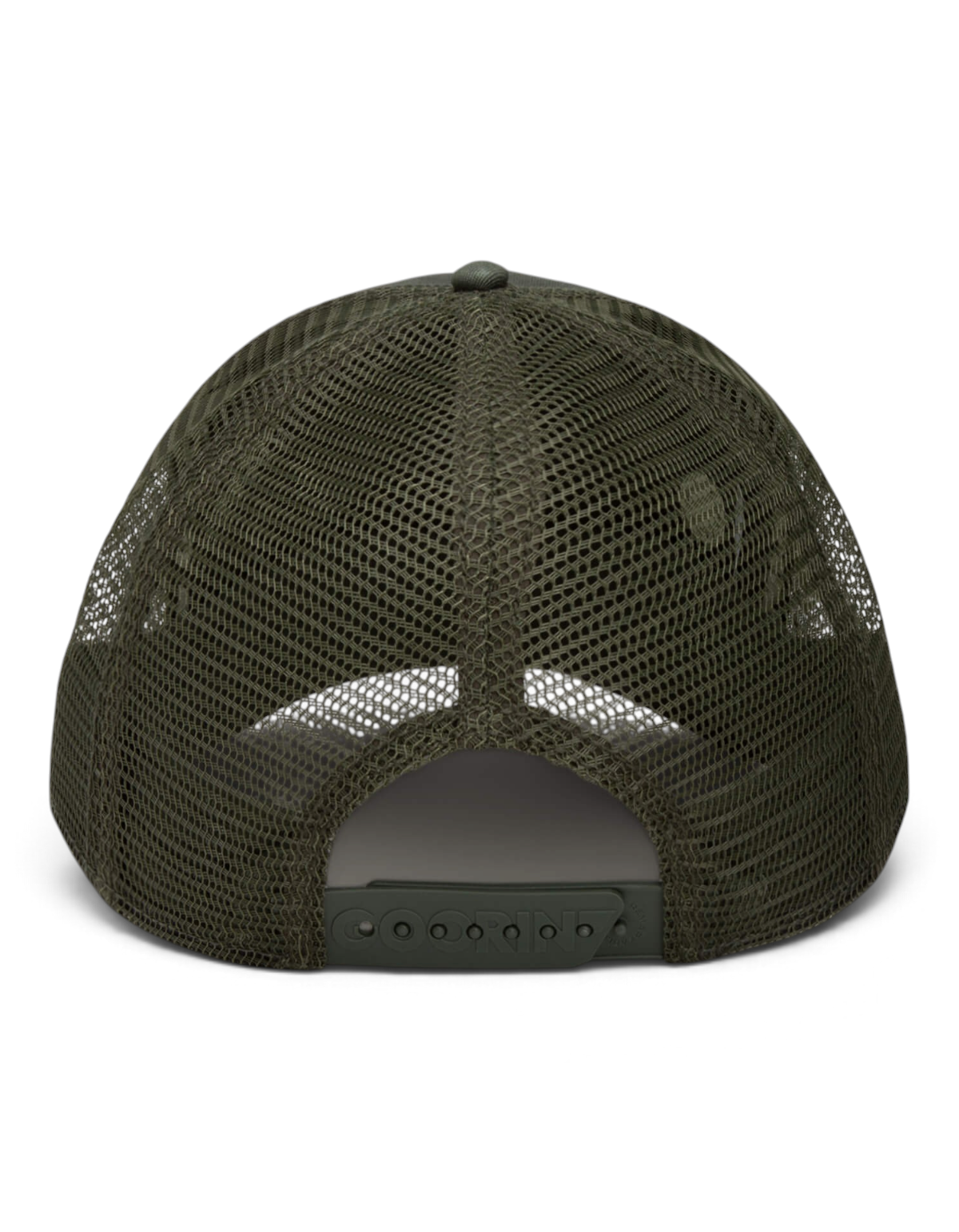 Vista posteriore del cappellino trucker Goorin Bros Panther in colore verde oliva con chiusura a scatto regolabile