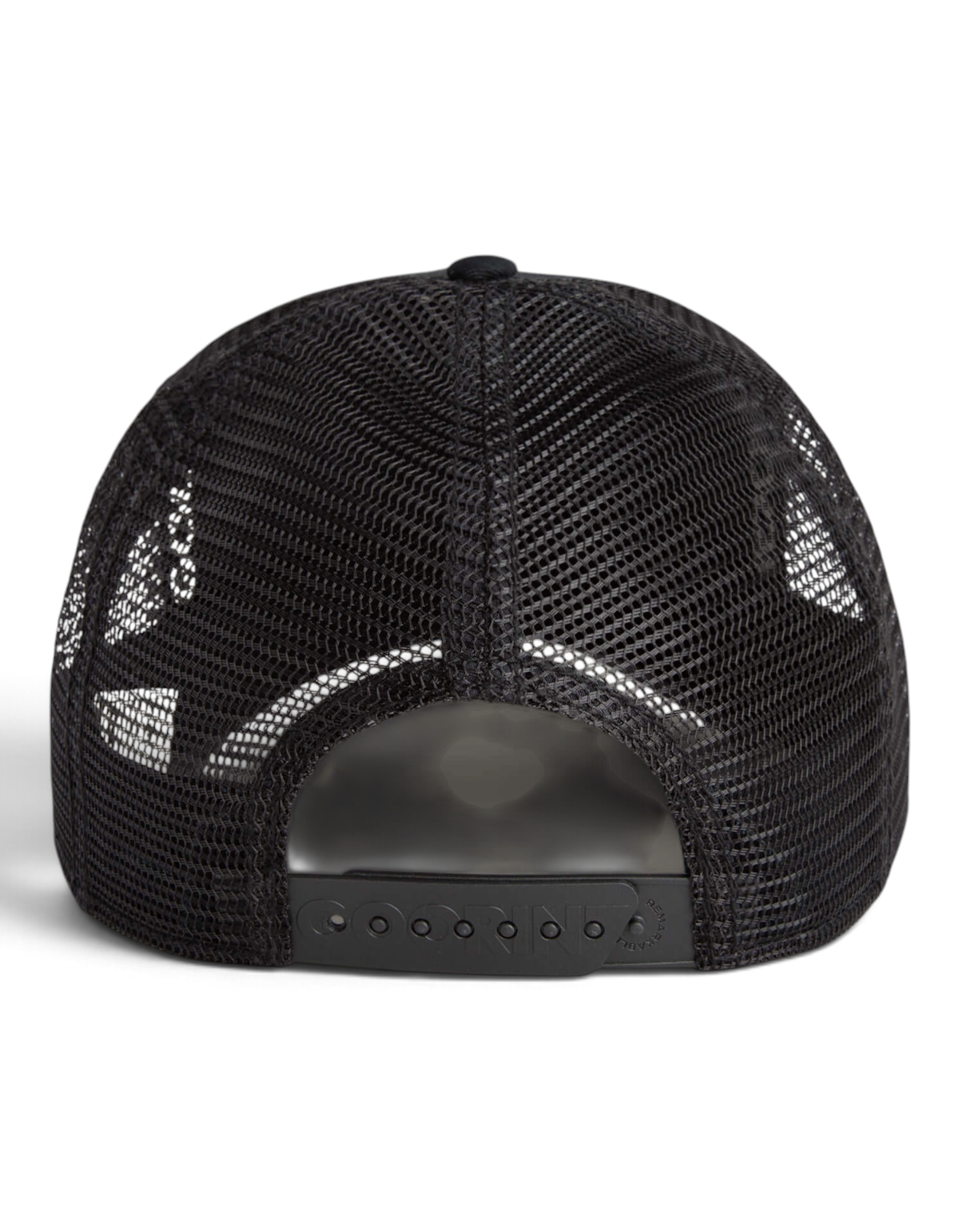 Vista posteriore del cappellino trucker Goorin Bros Panther nero con chiusura a scatto regolabile e pannelli in rete