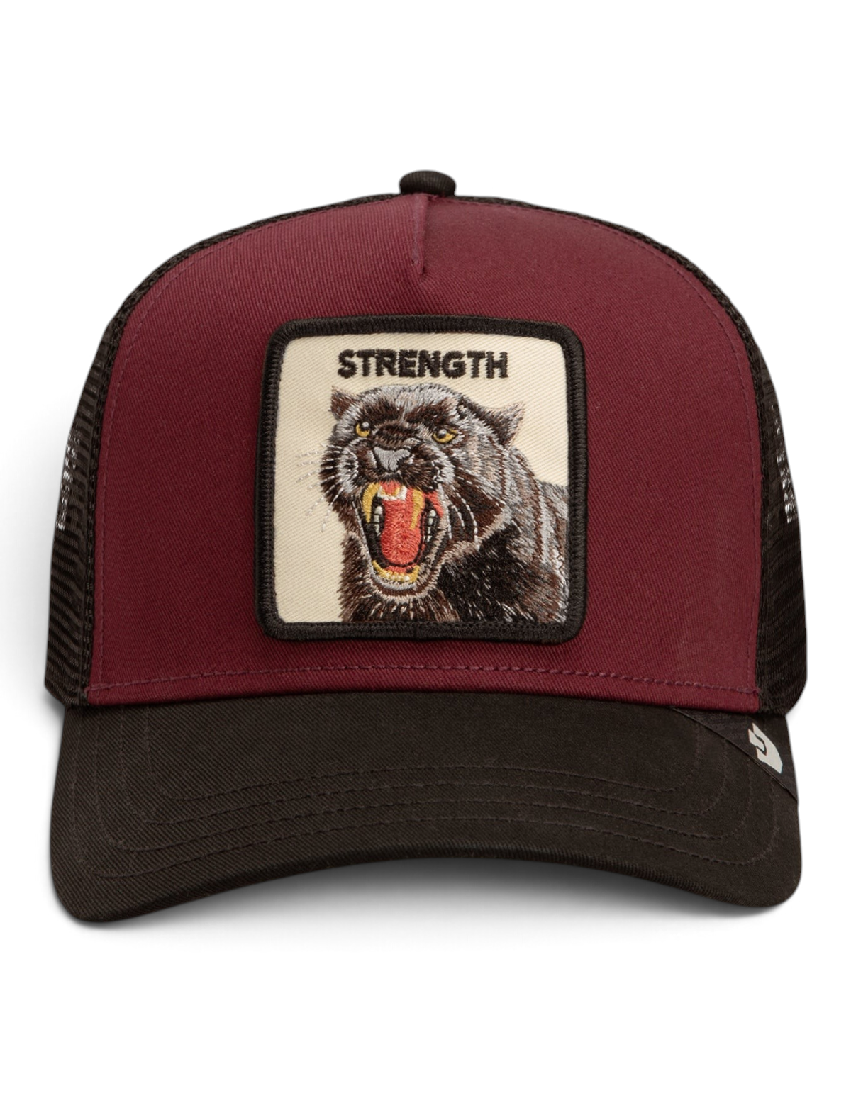 Cappellino trucker DevidLabel Goorin Bros Strength Panther bordeaux e nero con patch ricamata di una pantera