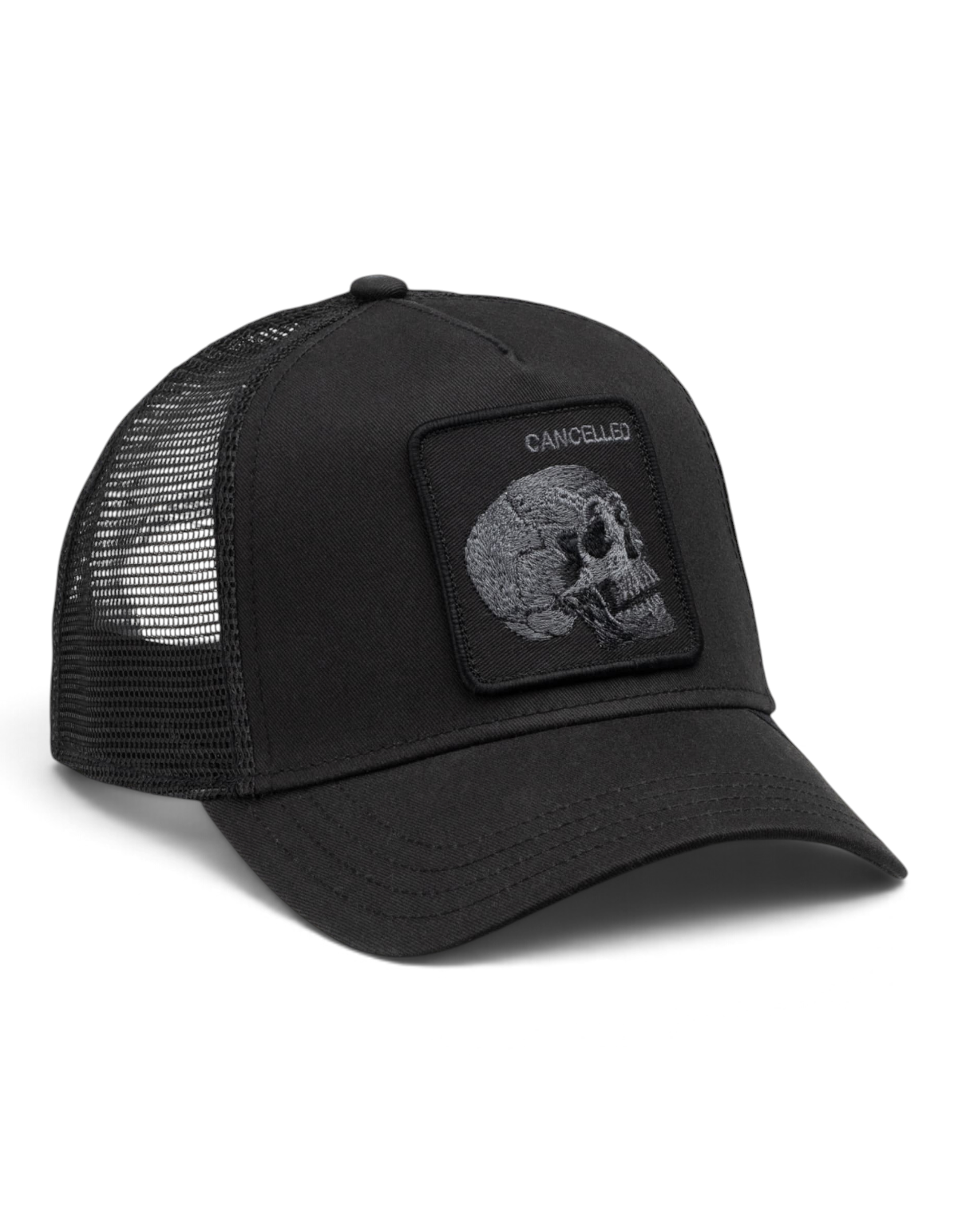 Cappellino trucker DevidLabel Goorin Bros Tonal Skull nero con patch teschio ricamato e retro in rete