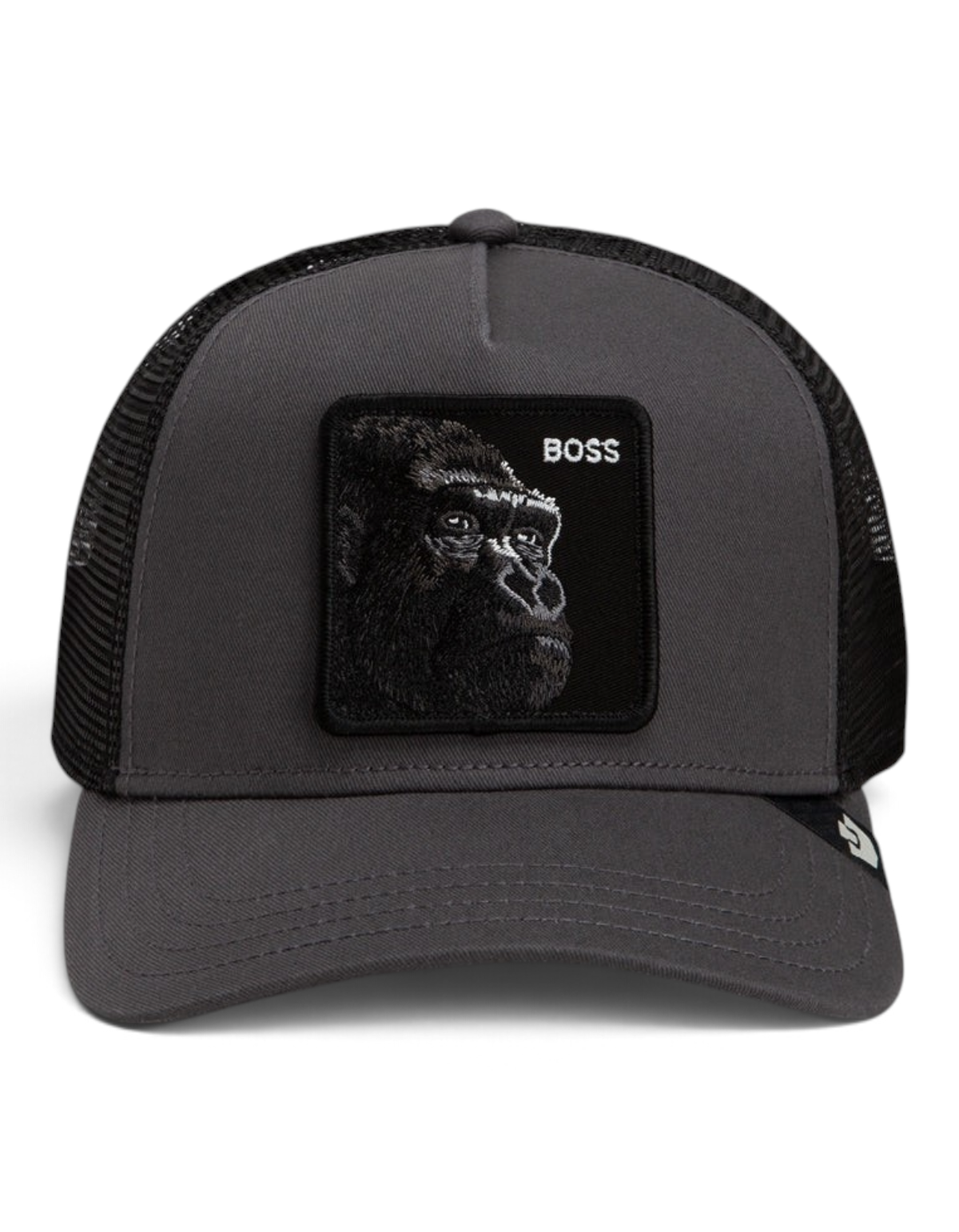 Cappellino trucker DevidLabel Goorin Bros The Boss grigio scuro con patch ricamata di un gorilla e scritta BOSS
