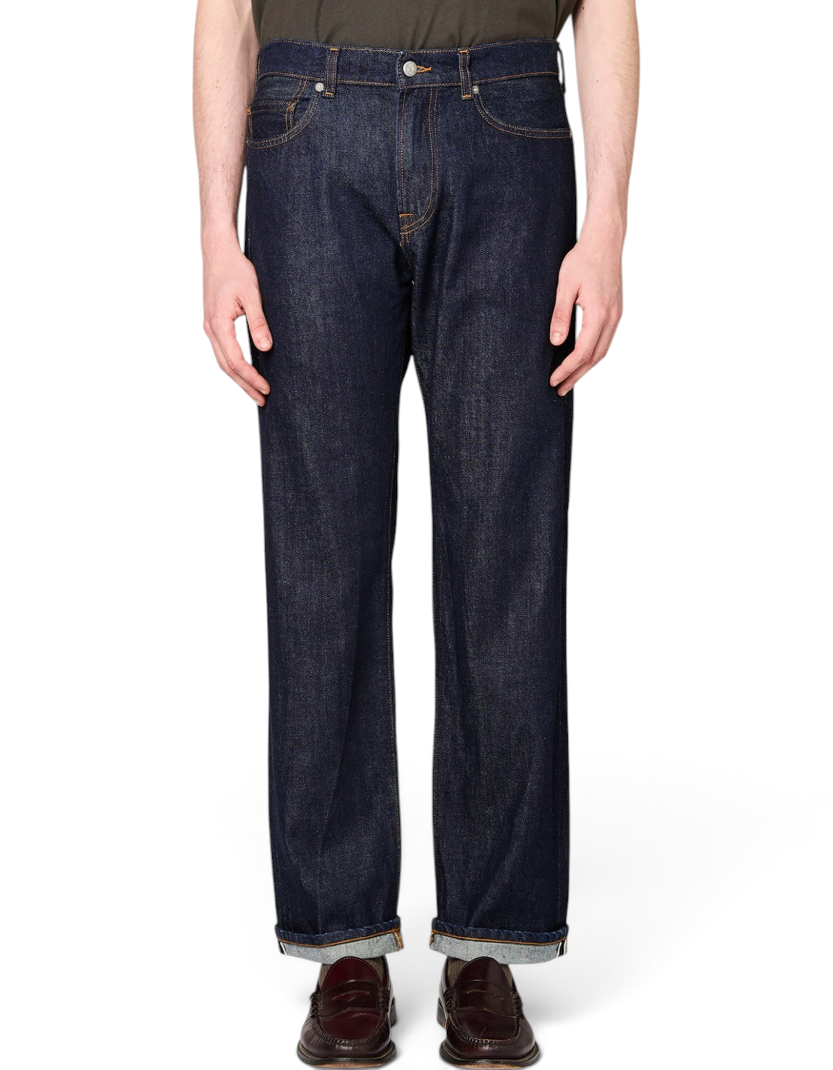 Jeans Roy Roger's Workwear Week Work Selvedge Rinse in denim blu scuro con risvolto e impunture a contrasto