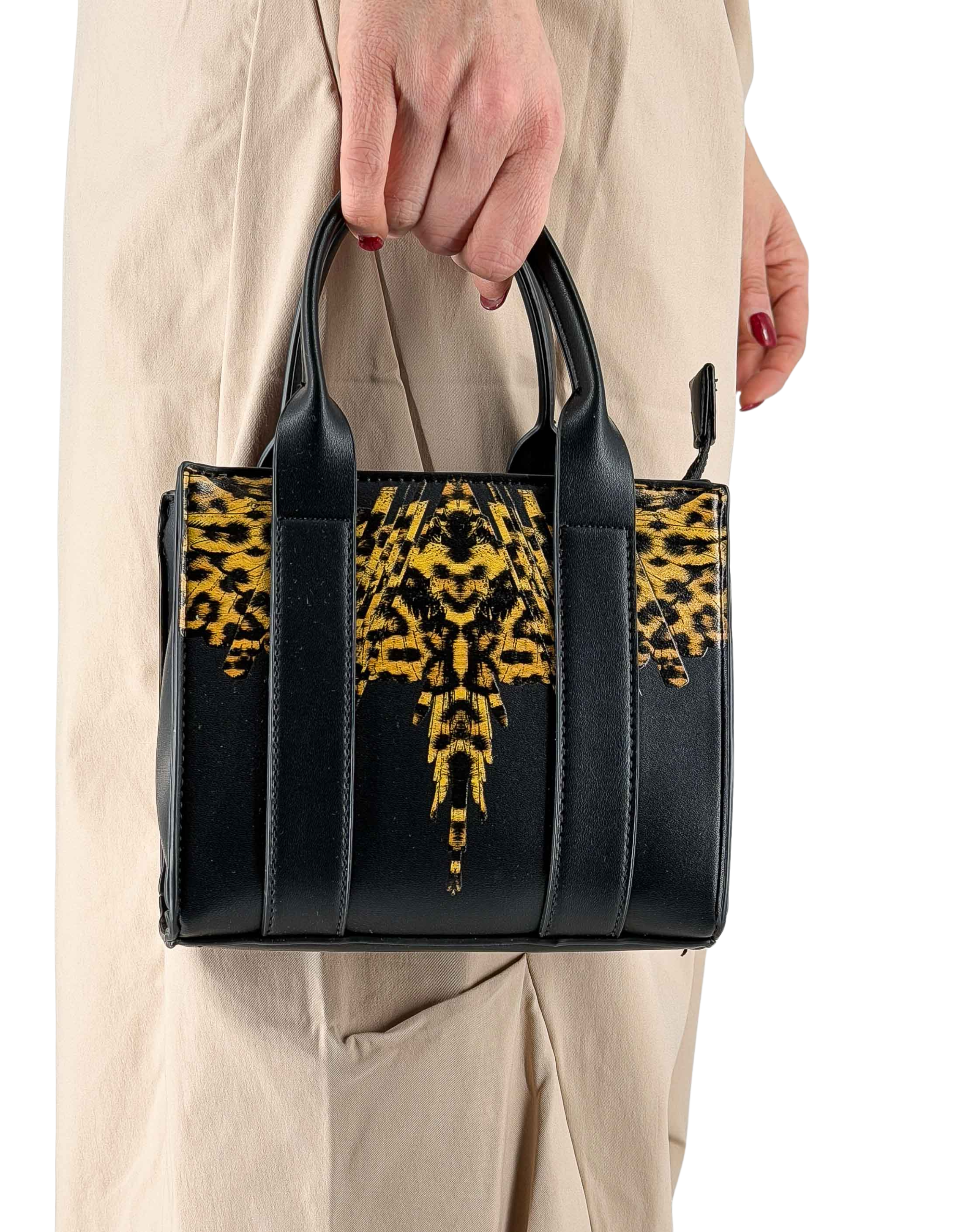 Marcelo Burlon - County Of Milan Borsetta Mini Tote Bag Black / Leopard Wings – vista principale – Master SKU MBU_COMAS260453UNICA0910_UNICABLACK_LEOPARD_WINGS