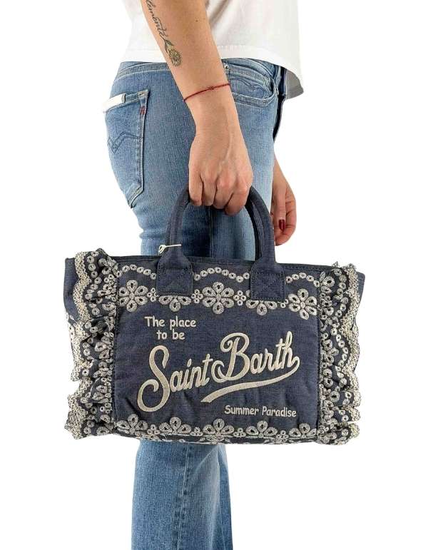 MC2 Saint Barth Borsa a Mano con Tracolla Colette Volant N Sangallo Flowers Denim Dark Emb – vista principale – Master SKU MC2_COL0027_00485L
