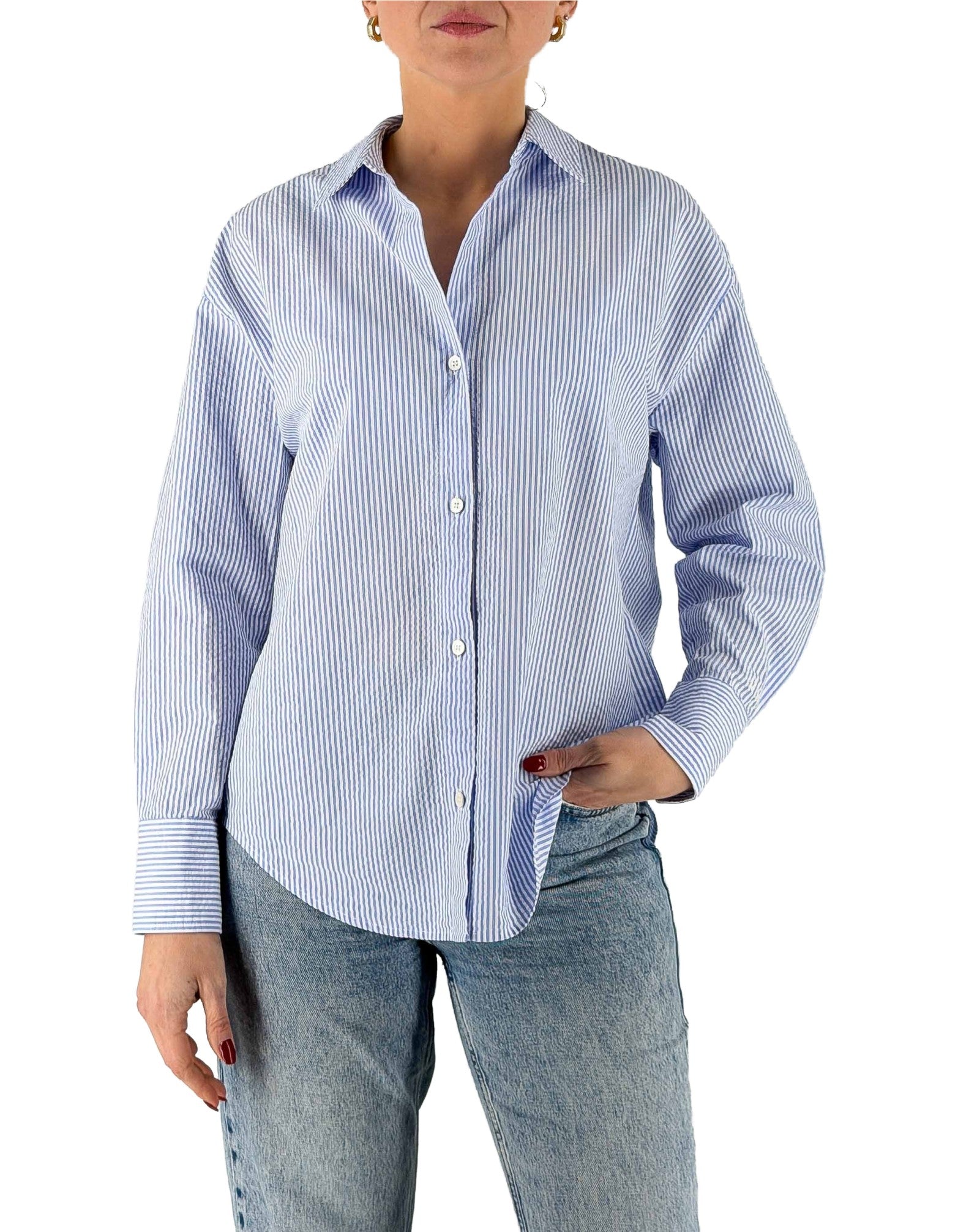 MC2 Saint Barth Camicia Cristal Seersucker Stripes V Azzurra a righe – vista principale – Master SKU MC2_CYS0001_00702L